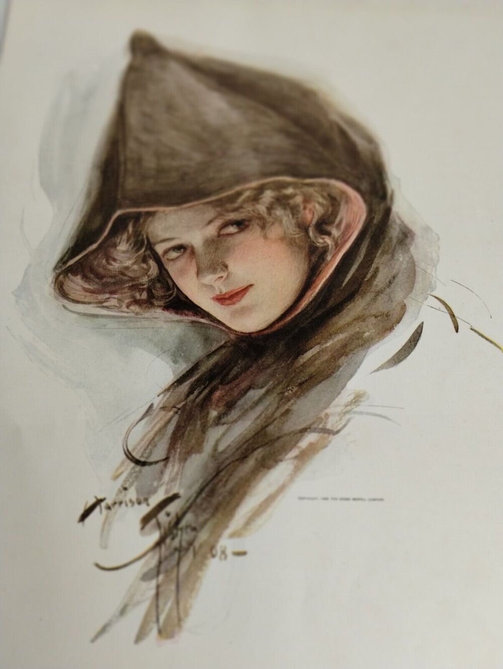 Harrison Fisher Girl with BLONDE CURLS - 1909 Antique Print Art